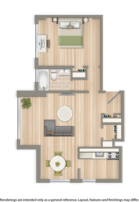 sherry hall one bedroom apartment floor plan rendering